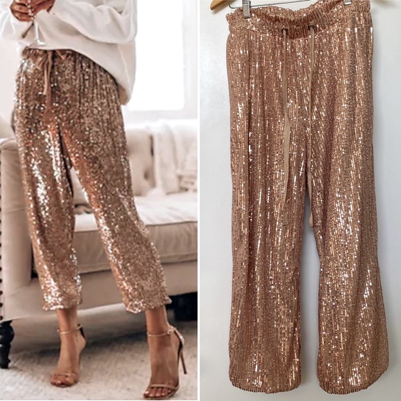 Anthropologie Pants - ANTHRO ✨ sequin joggers rose gold fully lined